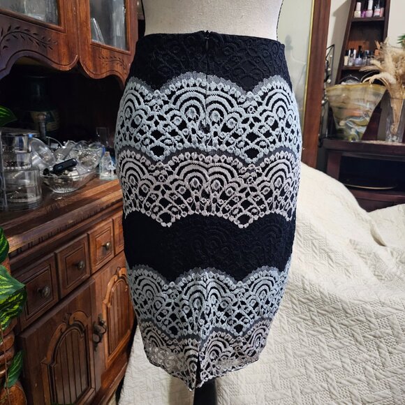 AQUA Brand Tri-colored Lace Overlay Lined Pencil Skirt - Picture 5 of 10